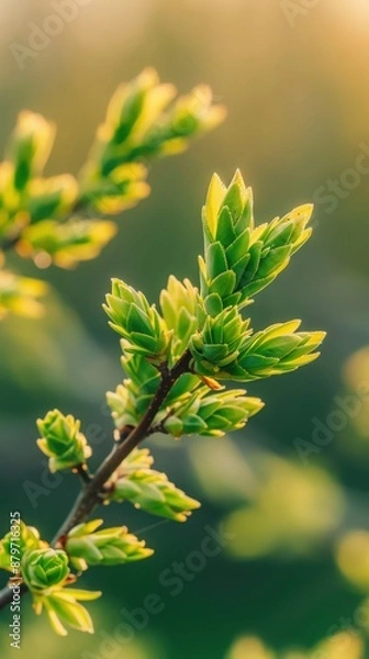 Fototapeta Close-up shot of fresh green leaves on a tree branch basking in warm sunlight, representing spring growth and nature's beauty.