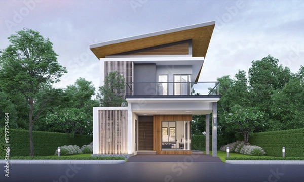 Fototapeta Modern house exterior evening view with lawn grass.3d rendering