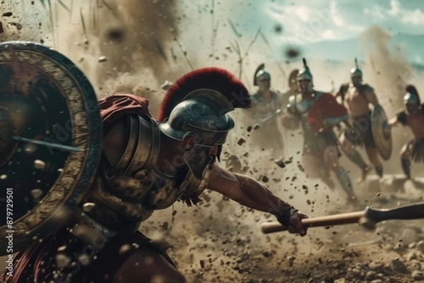 Fototapeta Ancient Roman battle scene with armored soldiers in intense combat.