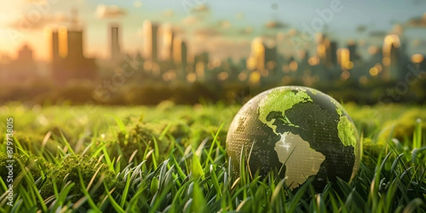 Fototapeta Sustainable Urban Development - Green Planet and City Skyline at Sunrise
Environmental Conservation in Urban Areas - Globe in Grass
