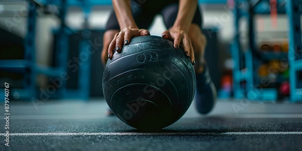 Fototapeta Intense Cross Fit Training Session with Large Training Ball - Man's High-Intensity Workout Routine in Gym