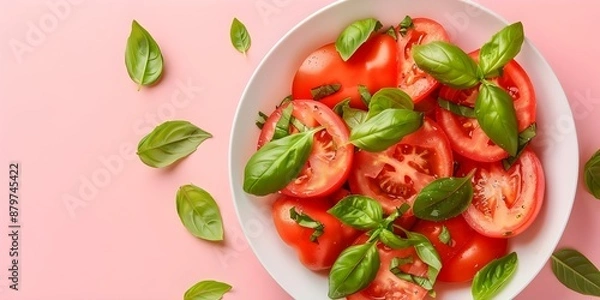 Fototapeta Tomato Salad with Fresh Basil Flat Lay on Pink Background. Concept Food Photography, Summer Recipe, Fresh Ingredients, Flat Lay Composition, Vibrant Colors