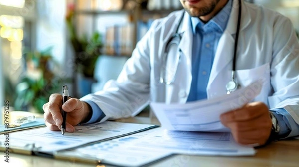 Fototapeta A doctor in a white coat sits at a desk, reviewing medical documents and writing notes.