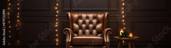 Fototapeta Retro vibes, a vintage brown leather armchair and a small round table with candles in a dark room with fairy lights.