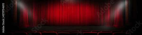 Fototapeta Red theater curtain with spotlight on stage and empty red velvet seats