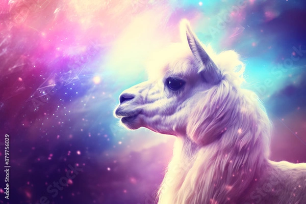 Fototapeta A white llama, with long fur, in a vibrant, colorful, space-like background.

