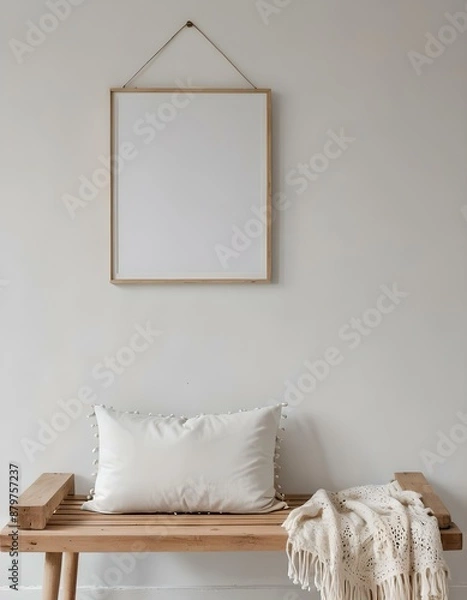 Fototapeta Empty photo frame, display, or 3d rendering of home interior design with a minimalistic, contemporary boho layout. Clean and crisp decor for indoor living with organic, natural yet Luxury design.