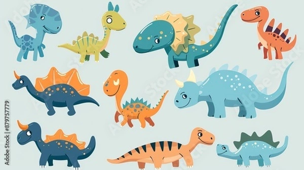 Fototapeta This image features a collection of cute, colorful, and playful cartoon dinosaurs in various styles and poses, perfect for themes related to children's illustrations and playful visuals.
