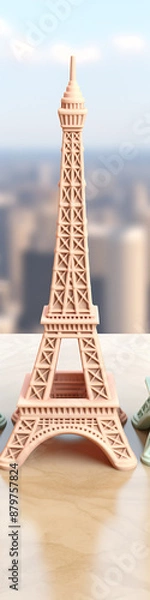 Fototapeta Delicate miniature Eiffel Tower models in pink and blue pastel colors on a table with a blurred cityscape in the background