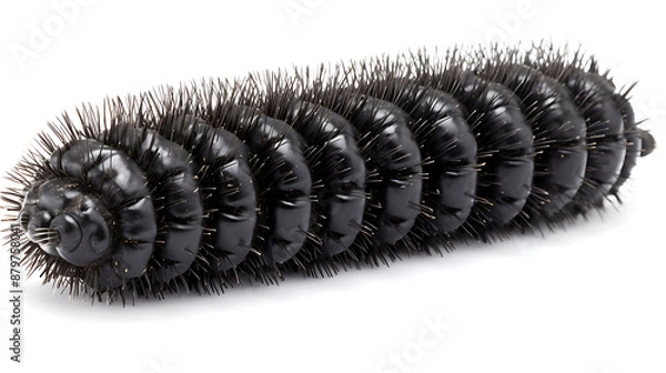 Fototapeta A black, segmented, spiny creature, resembling a larva.
