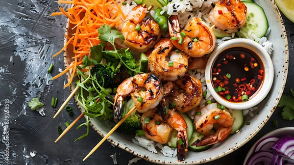 Fototapeta Grilled shrimp skewers over rice bowl with vegetables and dipping sauce. A healthy and flavorful meal.

