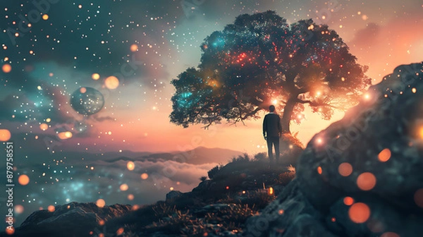 Fototapeta A solitary figure stands before a luminous tree, bathed in a vibrant sunset, symbolizing contemplation and connection to the cosmos.
