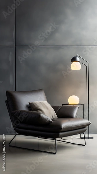Fototapeta Comfy stylish black leather chair with matching ottoman and a modern lamp in a minimal room