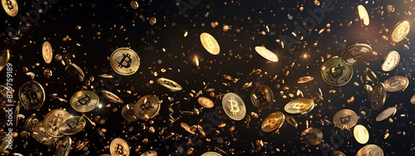 Fototapeta Falling Bitcoins on dark background , raining money , wealth concept , 3D render.