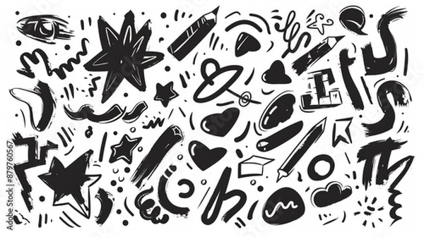 Fototapeta A collection of random black doodles and shapes, including stars, arrows, cloud, and swirls, creatively arranged to form an abstract and playful artistic design.