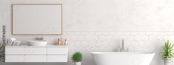 Fototapeta White bathroom interior with bathtub, plants, and blank frame, showing a clean and modern design in home decor.