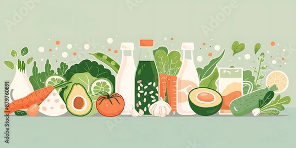 Fototapeta Fresh and healthy organic vegetables and fruits in cartoon style, arranged in a row on a green background, conveying a sense of vitality and nutrition.