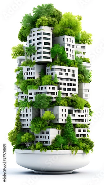 Fototapeta Futuristic green city concept, with buildings covered in lush vegetation, showcasing a harmonious blend of nature and urban living, promoting a sustainable and eco-friendly vision of the future.