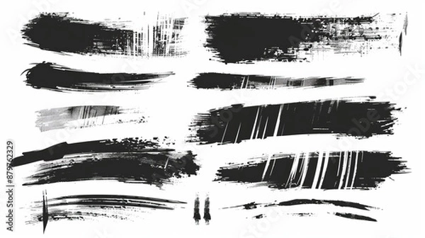 Fototapeta Featuring long black brush strokes, this image includes varying textures and patterns, offering a dynamic and diverse array of artistic elements perfect for creative work.