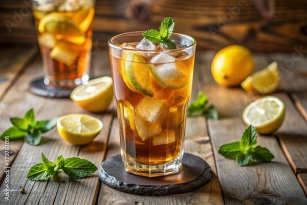 Fototapeta Refreshing tea in a transparent glass, decorated with lemon and mint