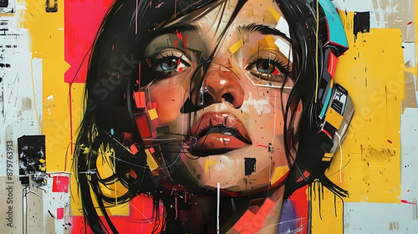 Fototapeta A portrait of a young woman with a colorful and abstract background in the style of street art.