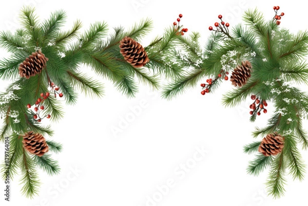 Fototapeta Festive border of coniferous branches and Christmas lights garlands for holiday design Isolated on white background
