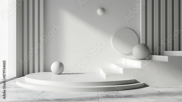 Fototapeta White minimalist podium with geometric shapes and soft shadows for product showcase