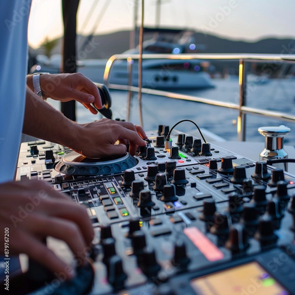 Fototapeta DJ hands mixing music on console mixer board at a luxury yacht party at sea in summer on vacation close-up dj,