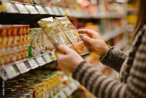 Obraz A woman's hands hold a food package, examining the labels and nutritional information. The supermarket shelves are filled with various products in the background
