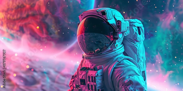 Fototapeta An astronaut in a spacesuit with a colorful nebula and stars in the background.