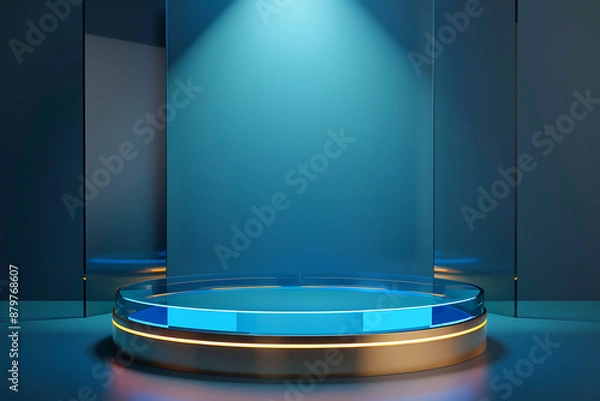 Fototapeta Blue and gold 3D rendering of a podium with a spotlight on it.