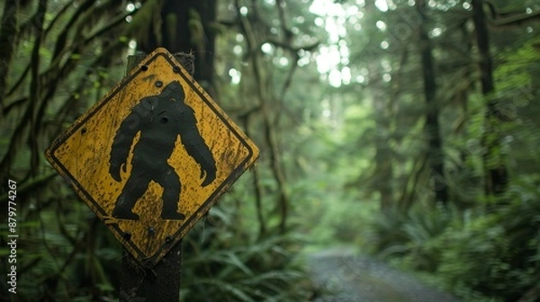 Fototapeta The image captures a rusty Bigfoot crossing sign attached to a tree amidst lush forest landscape, representing the myth and intrigue associated with Bigfoot sightings.