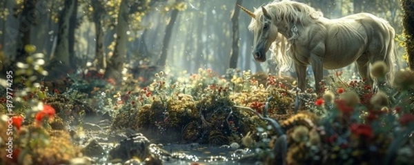 Fototapeta Mystical forest inhabited by fairies, unicorns, and fantastical creatures