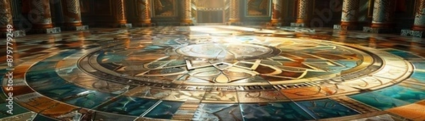 Fototapeta Intricate mosaic floor in a grand hall, illuminated by natural light through tall windows, emphasizing the detailed patterns and historical ambiance.