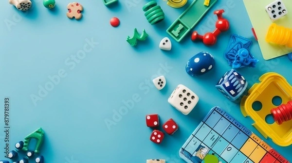 Fototapeta Colorful dice and game pieces are scattered on a blue background, symbolizing the fun and creativity involved in gaming and the various elements that make board games enjoyable.