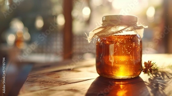 Fototapeta A jar of honey is sitting on a wooden table. Generate AI image