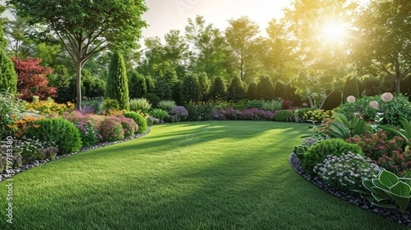 Fototapeta Lush garden with vibrant flowers and neatly trimmed lawn under the warm glow of a setting sun, creating a serene and picturesque scene.