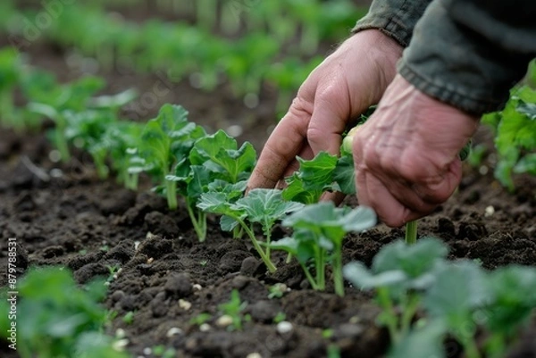 Fototapeta Farmer planting young seedlings of lettuce salad in the vegetable garden