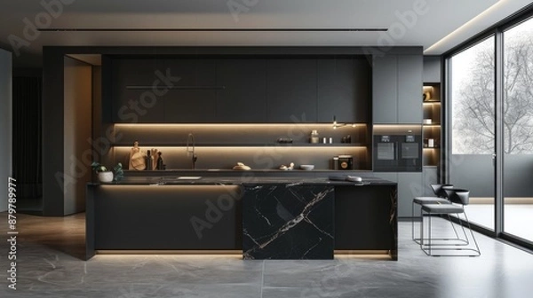 Obraz Modern Kitchen Interior With Black Cabinets And Marble Countertop