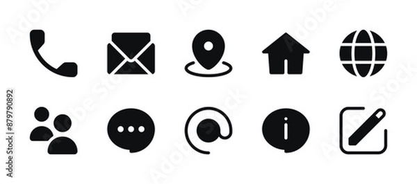 Obraz Contacts Icon Set - Envelope, Placeholder, Chat Bubble, Info, Home Address, Globe, Phone Call, User Group, Edit