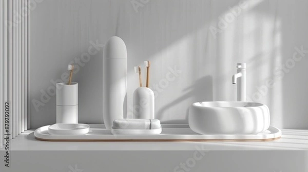 Fototapeta A white bathroom set with a toothbrush, soap, and a cup. Generate AI image