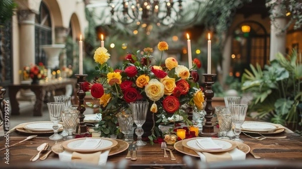 Fototapeta tasteful table décor for a wedding. Gorgeous red and yellow rose wedding table arrangement in a cozy setting. Generative AI