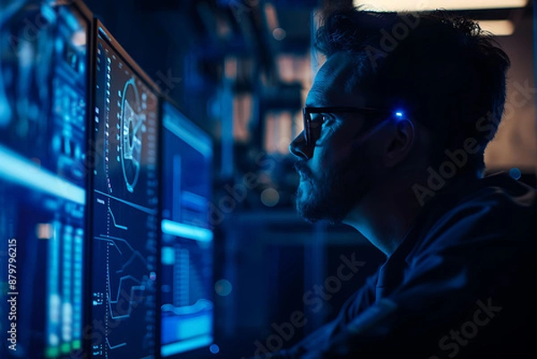 Fototapeta Skilled IT specialist in a dark room dedicated to developing a cutting-edge project aimed at fortifying the protection of customer information within the System Management Center. 