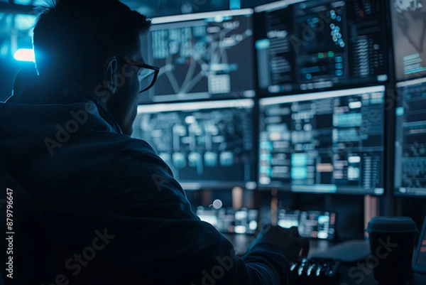 Fototapeta Skilled IT specialist in a dark room dedicated to developing a cutting-edge project aimed at fortifying the protection of customer information within the System Management Center. 