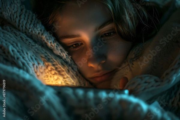Fototapeta The light from the screen illuminates girl's face as she uses the tablet computer on the bed before going to sleep at night. Concept of being addicted to mobile devices