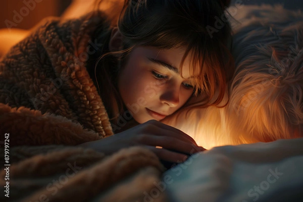 Fototapeta The light from the screen illuminates girl's face as she uses the tablet computer on the bed before going to sleep at night. Concept of being addicted to mobile devices