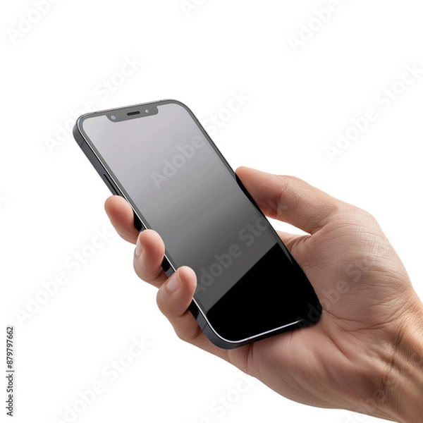 Fototapeta Man Hand holding smartphone mockup with white screen on Transparent background