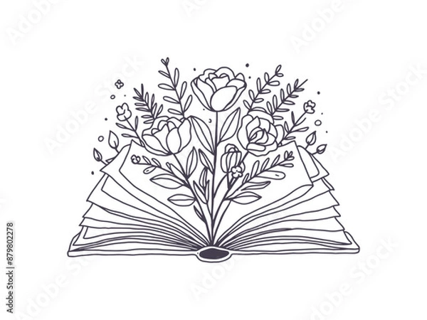 Fototapeta Line Art open book with flowers and roses emerging from اts pages