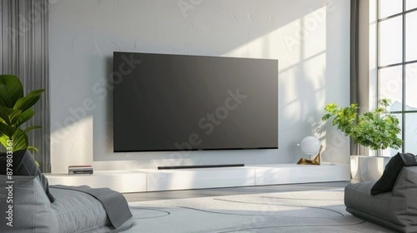 Fototapeta A contemporary flat screen TV with no image displayed, mounted on the wall in a modern living room.