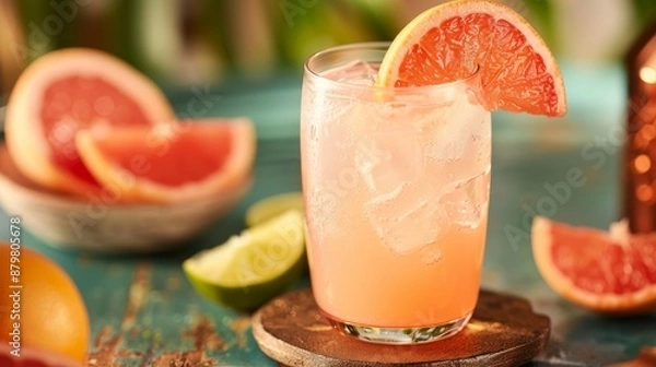 Fototapeta Chilled grapefruit cocktail with ice, garnished with a slice of grapefruit, surrounded by fresh citrus fruits.